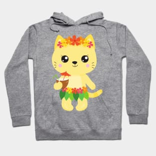 Hawaii Cat, Cute Cat, Yellow Cat, Flowers, Luau Hoodie